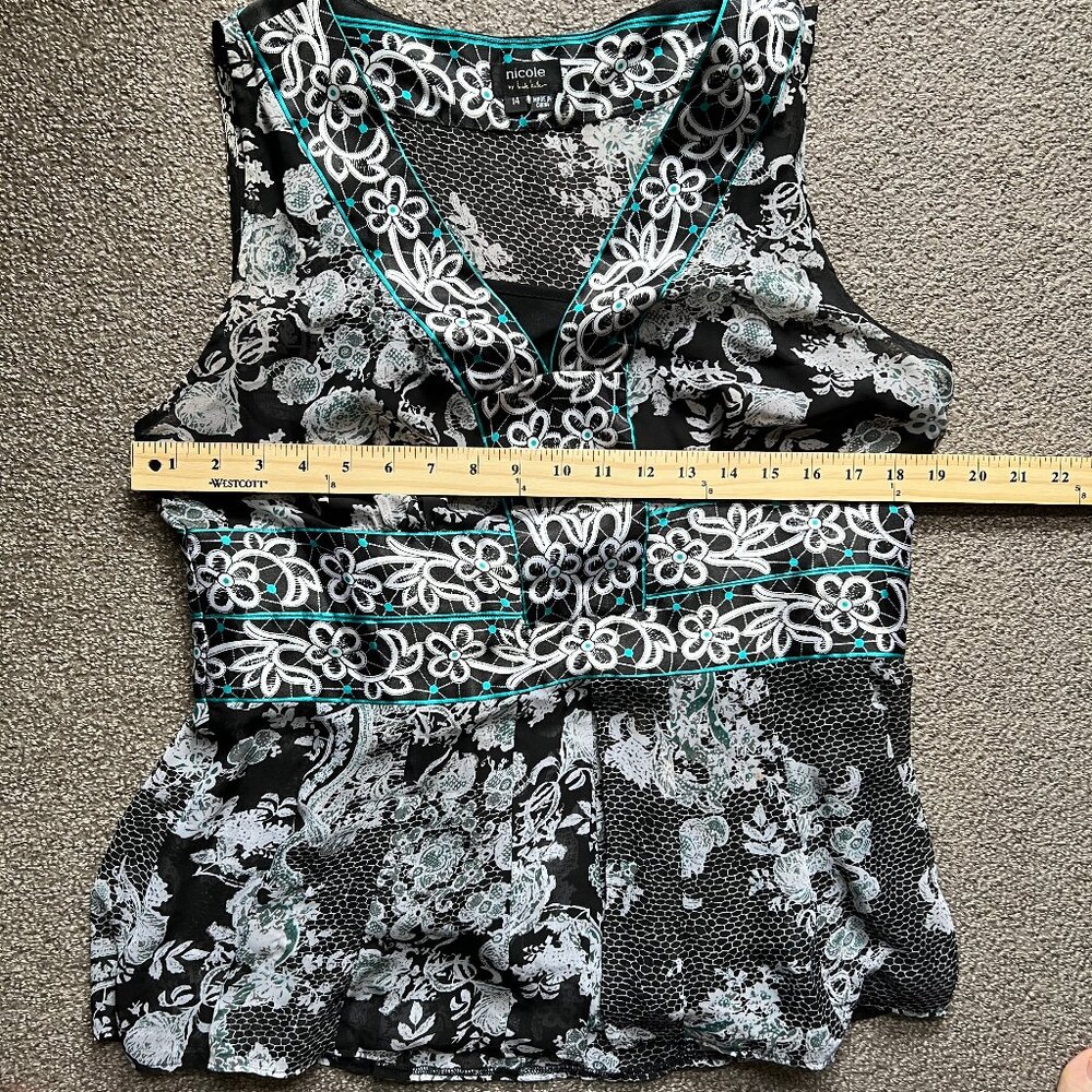 Nicole by Nicole Miller Black Floral Peplum Sleeveless Blouse Y2K Babydoll | 14 - Picture 7 of 16